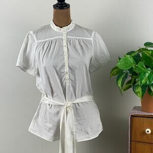 NWT Generra Eggshell Half Button White Cotton Blouse with Sash Size Small